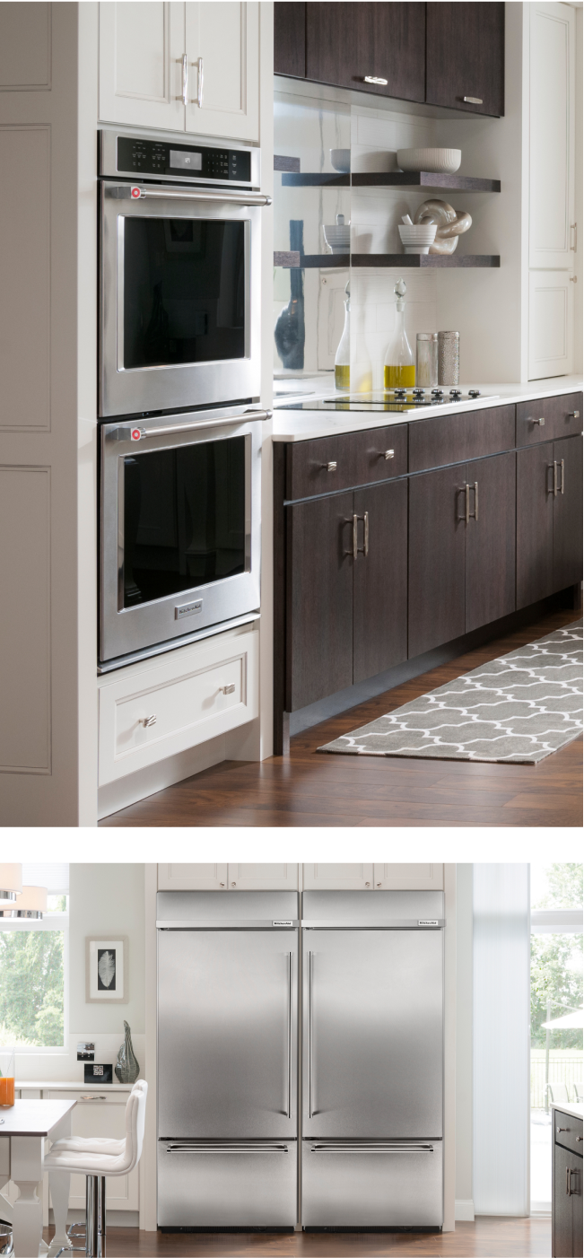 Two images of a large kitchen with dark wood cabinets, a double wall oven and two built-in bottom freezer refrigerators