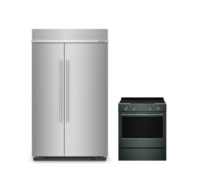 A stainless steel built-in side-by-side refrigerator next to a stainless steel range