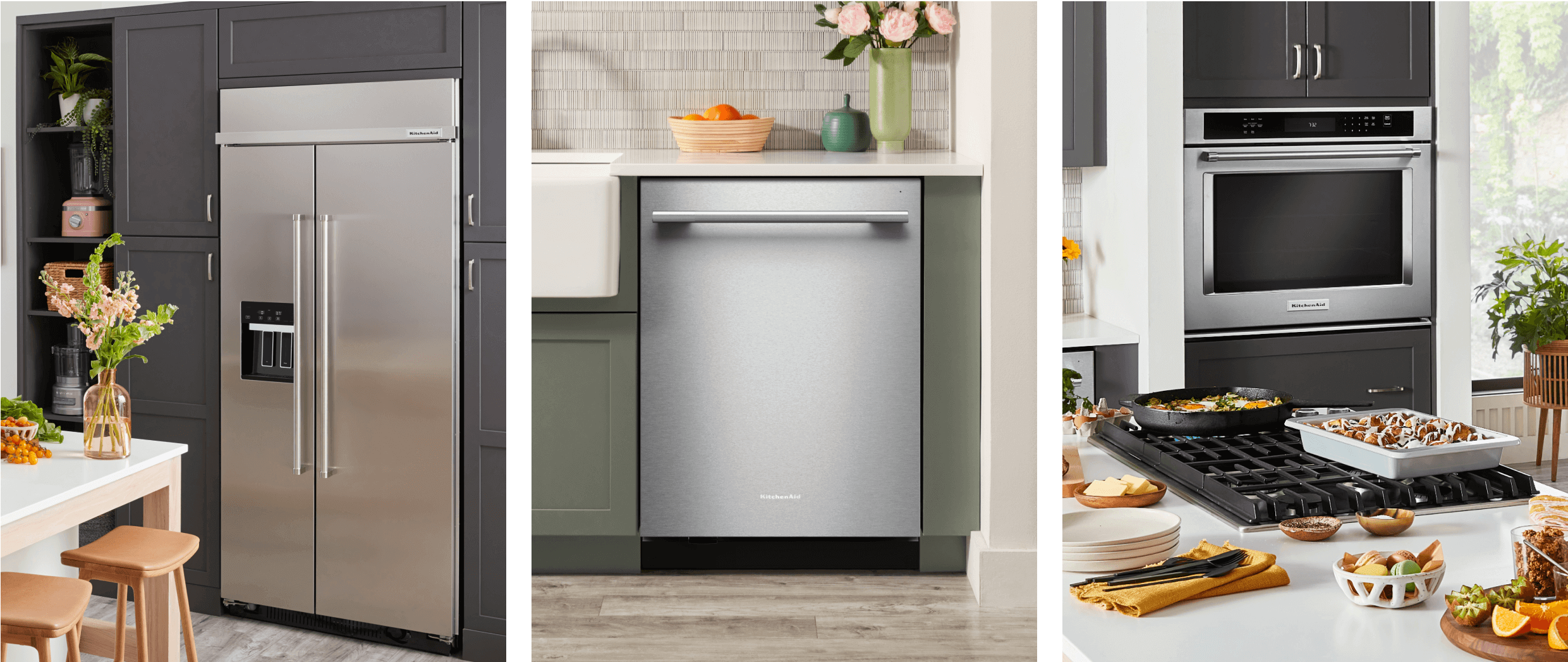 A collage of three images in a kitchen with gray cabinets, including a stainless steel built-in side-by-side refrigerator, dishwasher, wall oven and gas downdraft cooktop