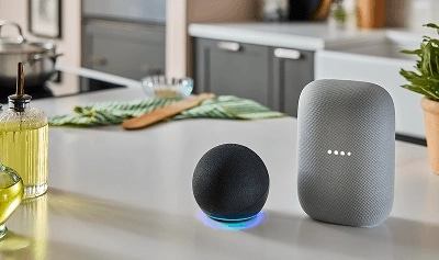 An Amazon Alexa and Google Home sitting on a countertop.